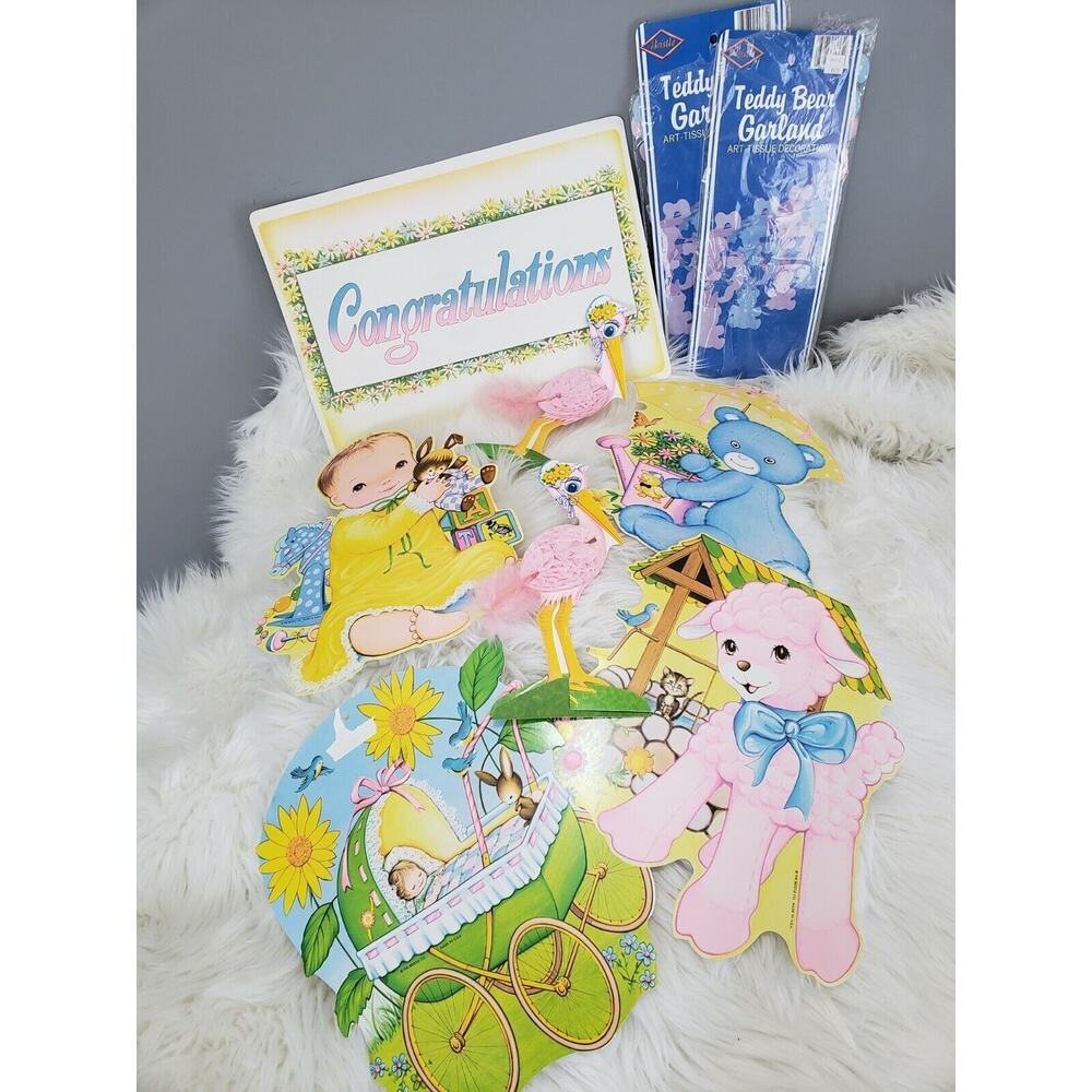 Vintage Beistle Die Cut STORK Baby Shower Easter Honeycomb Lamb Garland decor